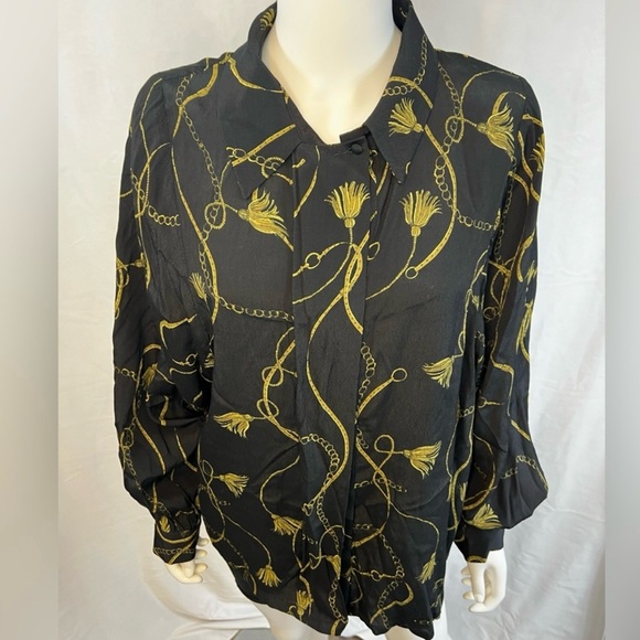 MINIMUM.NWT.”JOSEPHA”100% viscose button down long sleeve blouse.Black&gold.40/L - Picture 5 of 8